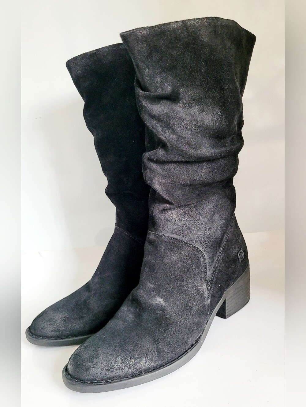 Born Distressed Black Suede Leather Slouchy Block Heel Boots US 7.5 - Picture 4 of 16